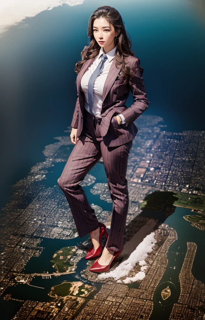 10 miles tall curvy bbw giga giantess with a beautiful smile, bigger than a giant city, curvaceous figure, massive beast, and long wavy bright red hair, with a curvaceous figure and massive breasts. wearing the finest light grey pinstripe trouser suit and blazer, white office shirt and large thick knotted red tie, and rounded court high heels with uncovered feet, standing on top of a city facing the forwards in a rampage-like pose, with a cityscape background of mega-city, urban sprawl, and small towns, giant montains, partially obscured by a hazy, cloudy atmosphere. The image is a high-resolution, masterpiece-quality, cinematic, ultra-detailed, and hyper-photorealistic photograph, with perfect hands, face, and lighting. ultra-detailed, 8K, photo-realistic, hyper-realistic, masterpiece, intricate details, full body view. Looking at camera, The image is a high-resolution, masterpiece-quality, cinematic, ultra-detailed, and hyper-photorealistic photograph, with perfect hands, face, and lighting. ultra-detailed, 8K, photo-realistic, hyper-realistic, masterpiece, intricate details, full body view for below