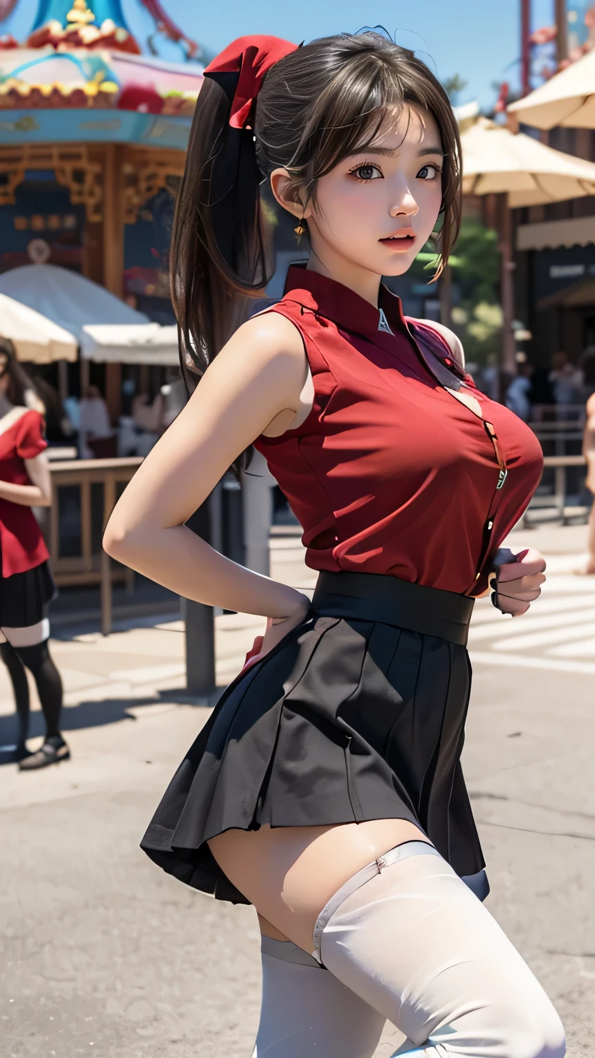 ((( top quality))), (( Masterpiece )), ( Details), ((Alone)), ((((((A girl dressed as Isuzu Chito)))))), ((( slender body:1.4, Big Breasts , Thick Ass, slim, Thin Waist , toned thick thighs, Thin legs))),( pretty nipples with visible buttocks, camel toe ,Camel hoof), (( growing skin with semen on my belly , white skin, growing skin with semen on my belly )), Mysterious Light, ((( Girl with a well-groomed face ))), (( big eyes)), ((((((Droopy eyes)))))), (((( closes the eye )))), (((( accurate anatomy )))), Completely-valid , Eye Shadow , earrings for women alone , Necklaces , (((((aaisuzu, 1girl, ponytail, brown eyes, uniform, red shirt, aiguillette , black skirt, white thighhighs, sleeveless:1.1))))),((( random gravure pose))),(((Amusement park background))),