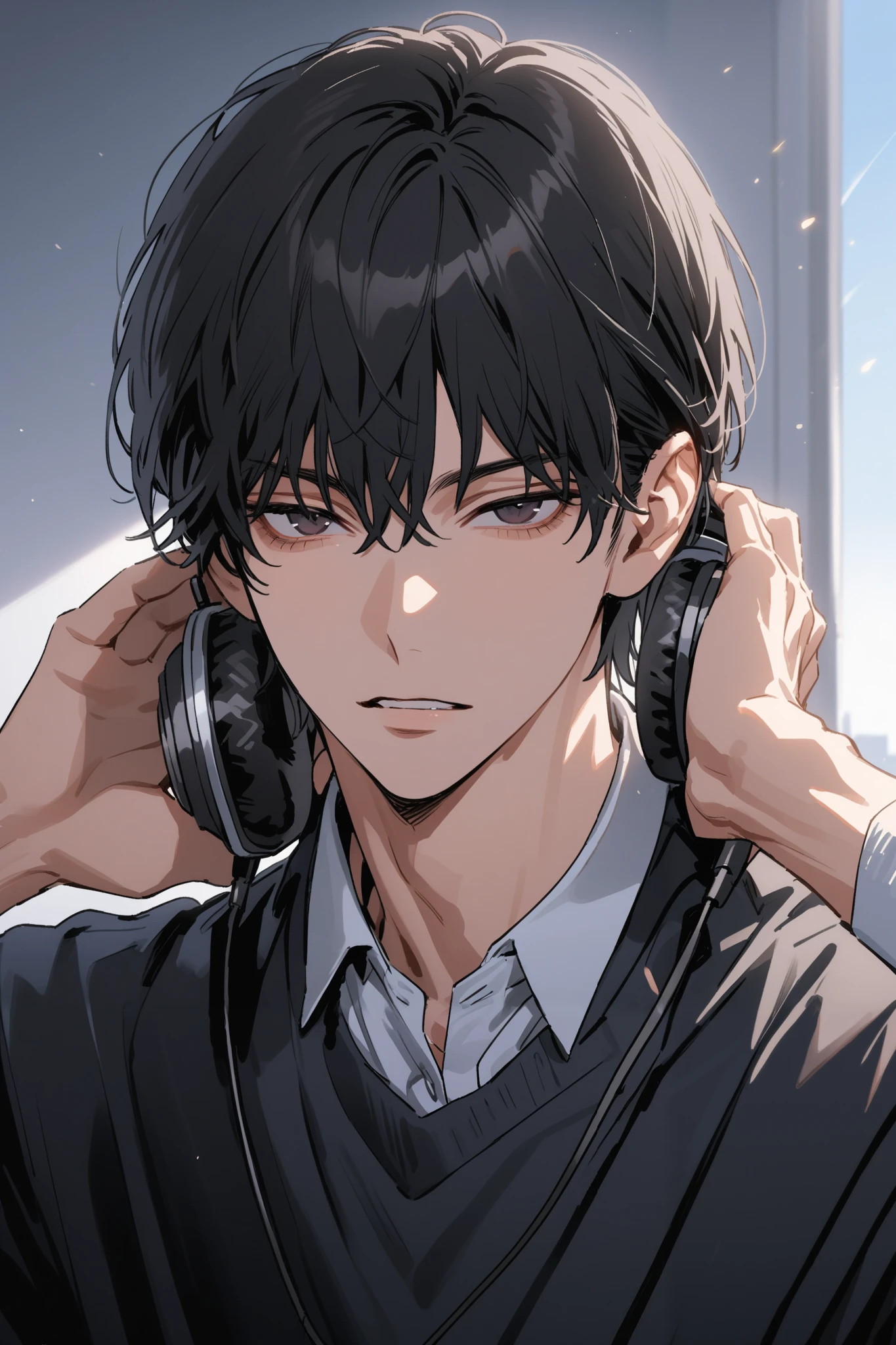 masterpiece, perfect, man, handsome, short to medium black hair, dark eyes, student uniform, cool face, slightly open lips, music student, wearing headphones