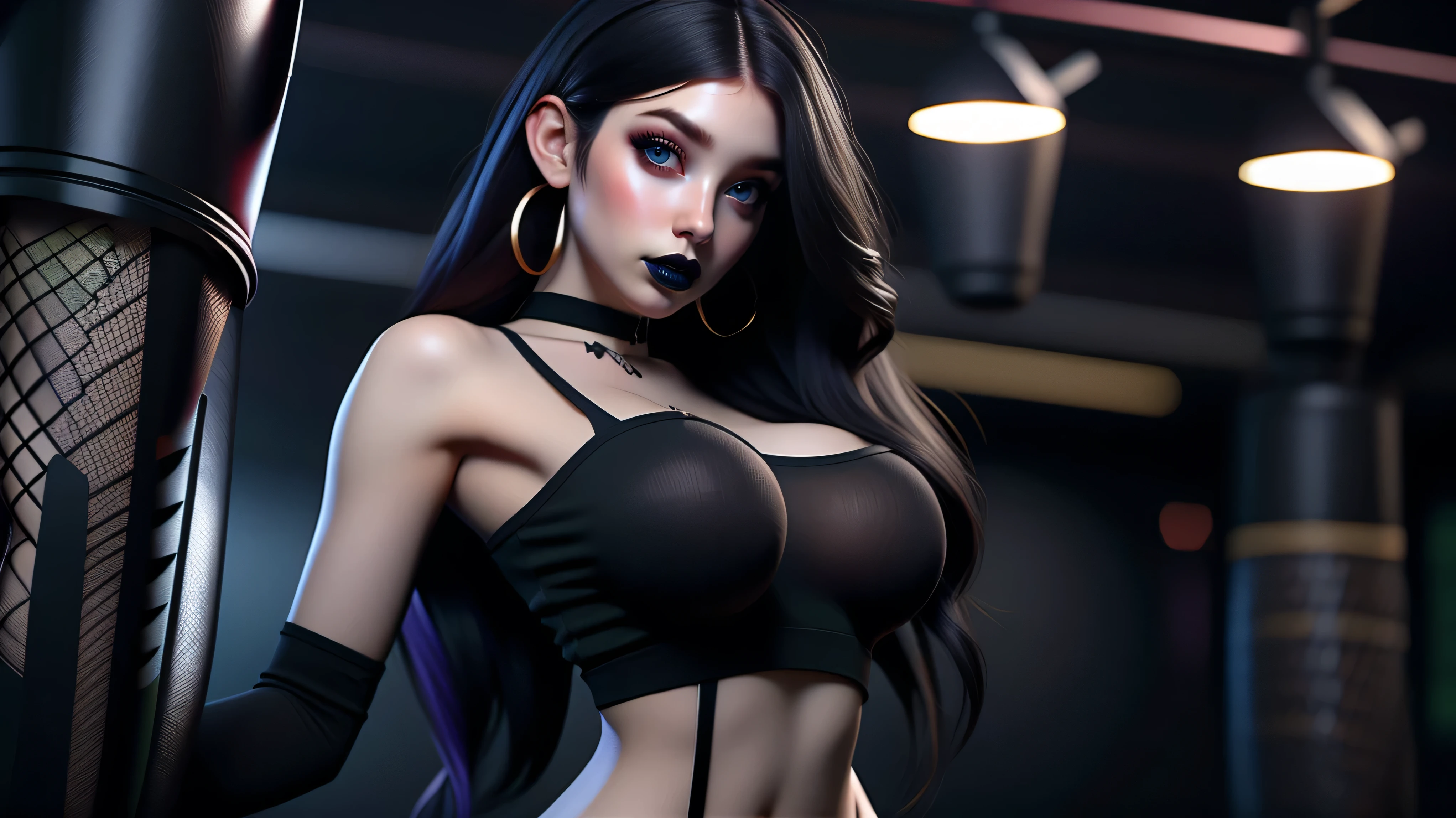 Best quality, 3d rendering work, 3DMM style, Close-up, Portrait,3D, 1girll, only, Black hair, earrings, looking at the camera, Realistic, Thin hips, Full body, thigh to head shot, ((sexy)), ((goth)), (panties), standing in front of a nightclub, city street, bangs, looks away, Long straight black hair, full lips, choker necklace, Makeup, (Green eyes), Tifa Lockhart, (round breasts, full breasts), (Medium breasts: 1.1)