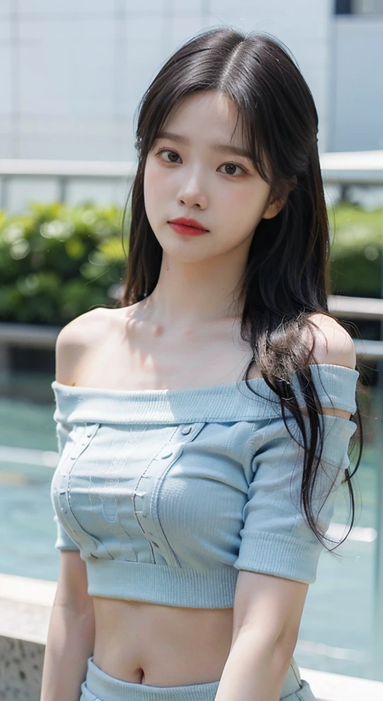  20-year-old Korean female , White jade skin,  natural features,  Korean idol, Upper body angle , Outdoor,  long hairstyle ,  off-shoulder cropped tee , Beautiful belly button,  super high resolution with two hands, 초고해상도, 초고화질, 뒷짐 진 손, 가벼운 미소