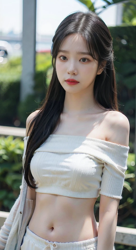  20-year-old Korean female , White jade skin,  natural features,  Korean idol, Upper body angle , Outdoor,  long hairstyle ,  off-shoulder cropped tee , Beautiful belly button,  super high resolution with two hands, 초고해상도, 초고화질, 뒷짐 진 손, 가벼운 미소