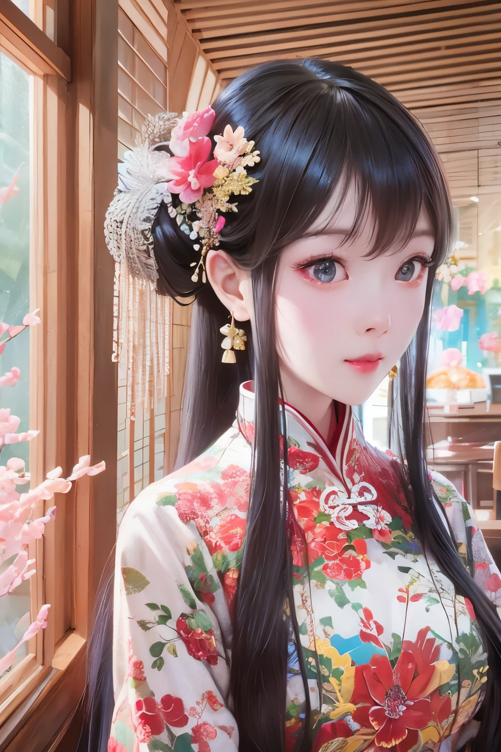  Thick Faced Oriental Girl （（ Bright Eyes ）） Wearing Traditional Ming Dynasty Flower Dress ， hair decorated with complex hairpins and flowers ， Chinese Herb ，Chinese Pharmacy ， Artistic feel ，extremely high resolution， Ultra High Quality ，Colorful composition， natural light 。 A beautiful and knowledgeable ancient Chinese woman ， Character Details Should Be Exquisite and Exquisite Vivid ，Romantic 、 Fantastic and Beautiful Quality Anime Scene 。漂亮 亮彩渲染   natural light  CG, Octane Value Rendering Bright 3D Close-up Depth Photography Frame Using Unreal Engine Rendering ， Oriental Filthy Girl 、Hyper-realistic details， Oriental Ancient Chinese Drug Store Environment ，漂亮 亮彩渲染 natural light  CG, Octane Value Rendering Bright 3D Close-up Depth of Field Panorama Photography Use Unreal Engine Rendering， Oriental Filthy Girl 、Hyper-realistic details， Ancient Pharmacy Environment ，Natural light source， Tang Dynasty poolside environment ，8k resolution。 Artistic feel ， Digital scene on a suspension bridge .grace. Calm Atmosphere ，delicate brushstrokes、Colorful composition