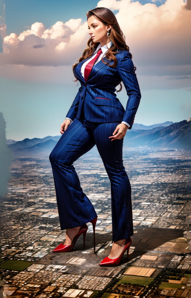 10 miles tall curvy bbw giga giantess with a beautiful smile, bigger than a giant city, curvaceous figure, massive beast, and long wavy bright red hair, with a curvaceous figure and massive breasts. wearing the finest blue pinstripe trouser suit and blazer, white office shirt and large thick knotted red tie, and rounded court high heels with uncovered feet, standing on top of a city facing the forwards in a rampage-like pose, with a cityscape background of mega-city, urban sprawl, and small towns, giant montains, partially obscured by a hazy, cloudy atmosphere. The image is a high-resolution, masterpiece-quality, cinematic, ultra-detailed, and hyper-photorealistic photograph, with perfect hands, face, and lighting. ultra-detailed, 8K, photo-realistic, hyper-realistic, masterpiece, intricate details, full body view. Looking at camera, The image is a high-resolution, masterpiece-quality, cinematic, ultra-detailed, and hyper-photorealistic photograph, with perfect hands, face, and lighting. ultra-detailed, 8K, photo-realistic, hyper-realistic, masterpiece, intricate details, full body view for below