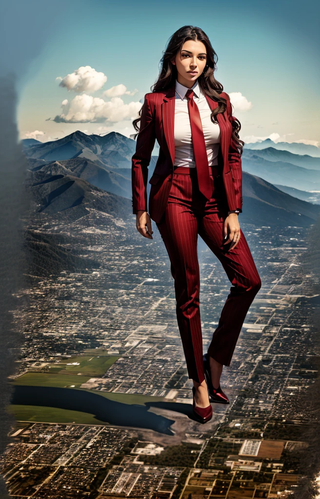 100 miles giga giantess with a beautiful smile, bigger than a giant city, curvaceous figure, massive beast, and long wavy bright red hair, with a curvaceous figure and massive breasts. wearing the finest blue pinstripe trouser suit and blazer, white office shirt and large thick knotted red tie, and rounded court high heels with uncovered feet, standing on top of a city facing the forwards in a rampage-like pose, with a cityscape background of mega-city, urban sprawl, and small towns, giant montains, partially obscured by a hazy, cloudy atmosphere. The image is a high-resolution, masterpiece-quality, cinematic, ultra-detailed, and hyper-photorealistic photograph, with perfect hands, face, and lighting. ultra-detailed, 8K, photo-realistic, hyper-realistic, masterpiece, intricate details, full body view. Looking at camera, The image is a high-resolution, masterpiece-quality, cinematic, ultra-detailed, and hyper-photorealistic photograph, with perfect hands, face, and lighting. ultra-detailed, 8K, photo-realistic, hyper-realistic, masterpiece, intricate details, full body view for below