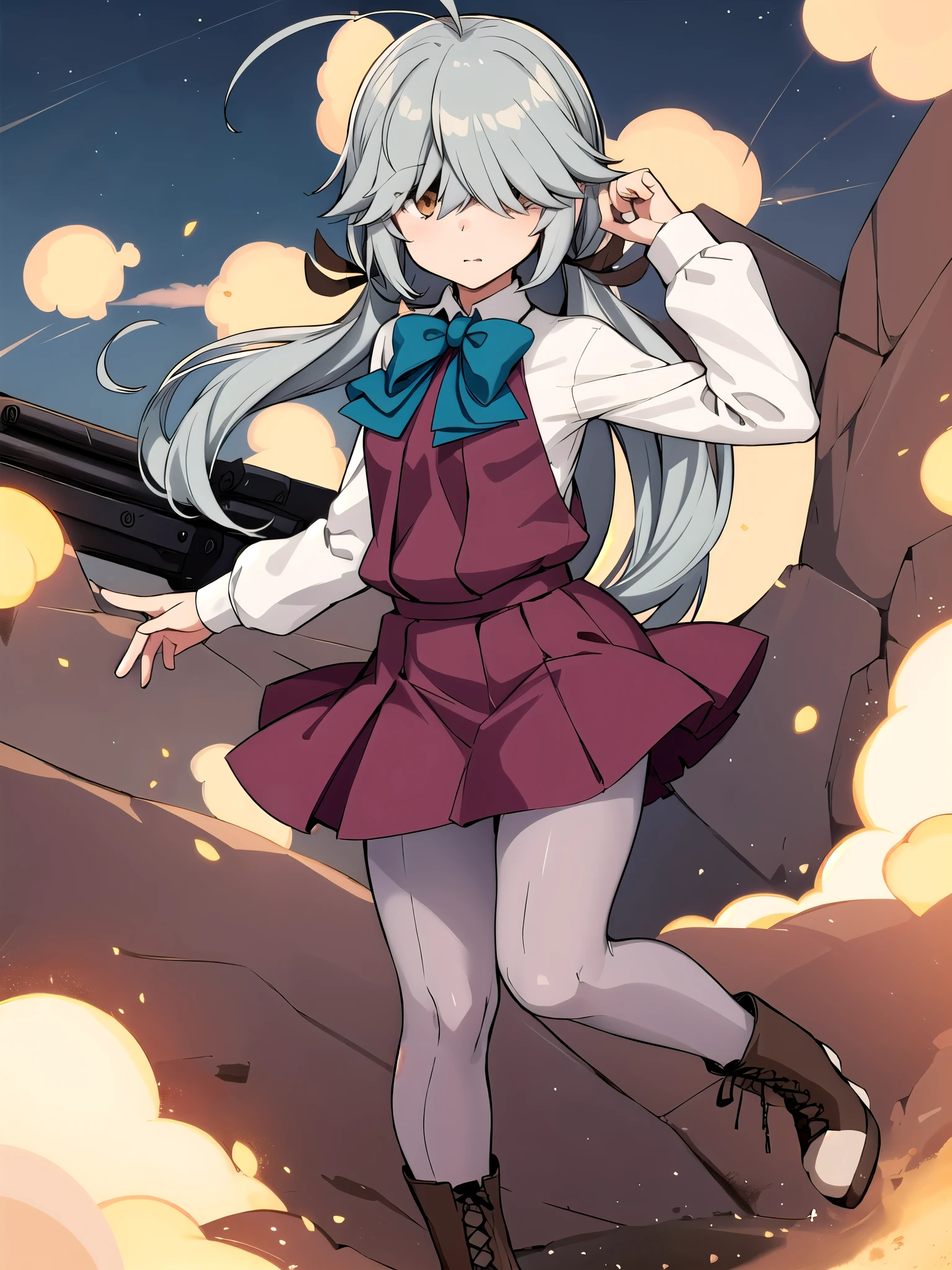  one girl, Alone,  
 \( Kantai Collection\), Ahoge,
Hair above the eyes,  hair on one eye ,
 hair ribbon,  single blade ,  I can only see hair ,
,  dress,   halter neck  ,  white shirt, bow, bowtie,  grey pantyhose,  boots,   brown footwear,
 outdoors,