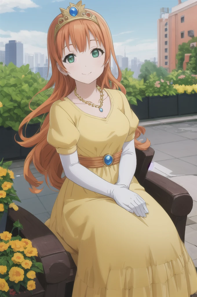  Masterpiece  ,  top quality, dq roller,  orange hair,  tiara ,  Necklaces , yellow dress, elbow gloves,  Cowboy Shots,  watch viewers, city, garden, null, spring, smile 