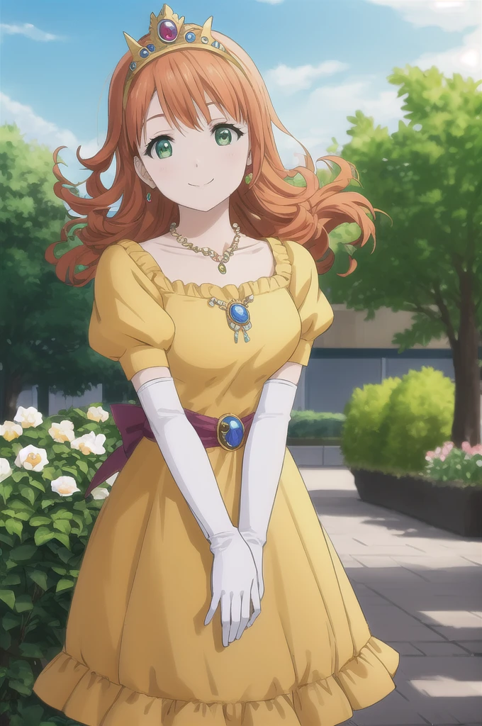  Masterpiece  ,  top quality, dq roller,  orange hair,  tiara ,  Necklaces , yellow dress, elbow gloves,  Cowboy Shots,  watch viewers, city, garden, null, spring, smile 