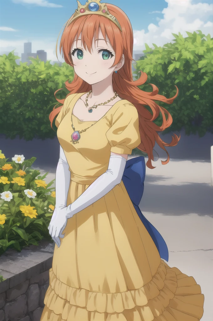  Masterpiece  ,  top quality, dq roller,  orange hair,  tiara ,  Necklaces , yellow dress, elbow gloves,  Cowboy Shots,  watch viewers, city, garden, null, spring, smile 