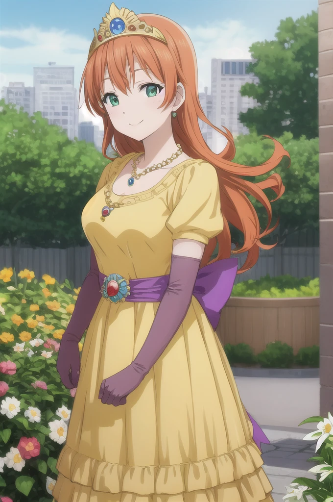  Masterpiece  ,  top quality, dq roller,  orange hair,  tiara ,  Necklaces , yellow dress, elbow gloves,  Cowboy Shots,  watch viewers, city, garden, null, spring, smile 