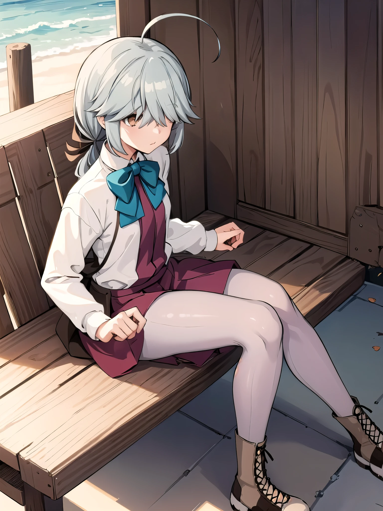  one girl, Alone,  
 \( Kantai Collection\), Ahoge,
Hair above the eyes,  hair on one eye ,
 hair ribbon,  single blade ,  I can only see hair ,
,  dress,   halter neck  ,  white shirt, bow, bowtie,  grey pantyhose,  boots,   brown footwear,
Outdoor,