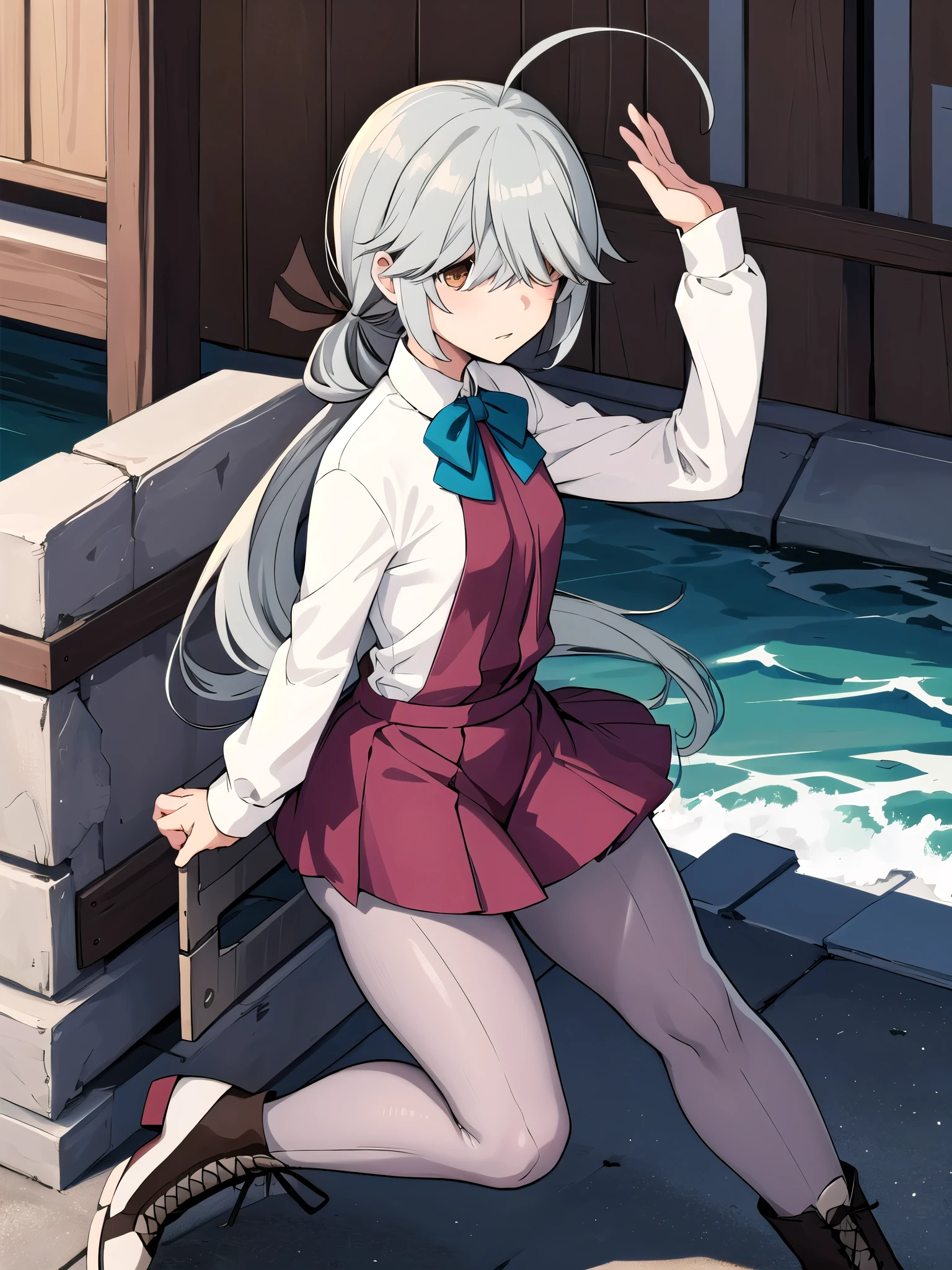  one girl, Alone,  
 \( Kantai Collection\), Ahoge,
Hair above the eyes,  hair on one eye ,
 hair ribbon,  single blade ,  I can only see hair ,
,  dress,   halter neck  ,  white shirt, bow, bowtie,  grey pantyhose,  boots,   brown footwear,
 outdoors,