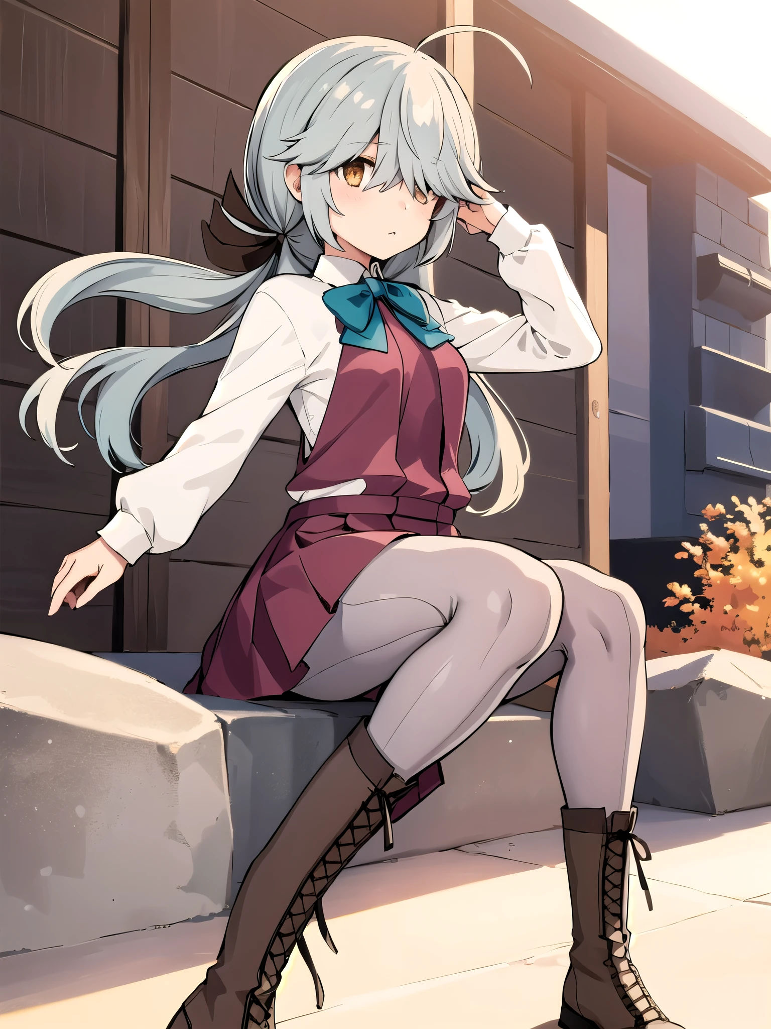  one girl, Alone,  
 \( Kantai Collection\), Ahoge,
Hair above the eyes,  hair on one eye ,
 hair ribbon,  single blade ,  I can only see hair ,
,  dress,   halter neck  ,  white shirt, bow, bowtie,  grey pantyhose,  boots,   brown footwear,
 outdoors,