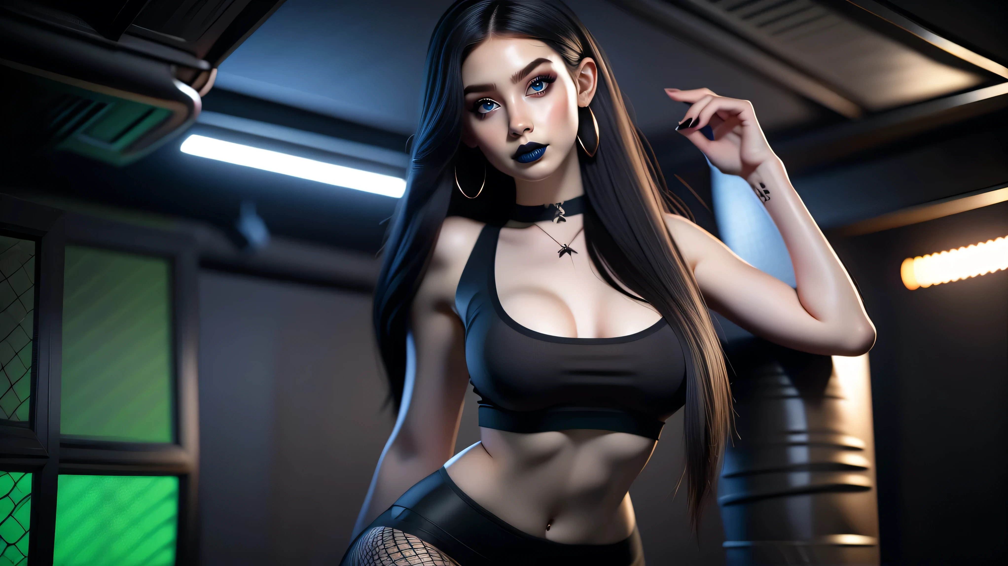 Best quality, 3d rendering work, 3DMM style, Close-up, Portrait,3D, 1girll, only, Black hair, earrings, looking at the camera, Realistic, Thin hips, Full body, thigh to head shot, ((sexy)), ((goth)), (panties), standing in front of a nightclub, city street, bangs, looks away, Long straight black hair, full lips, choker necklace, Makeup, (Green eyes), Tifa Lockhart, (round breasts, full breasts), (Medium breasts: 1.1)