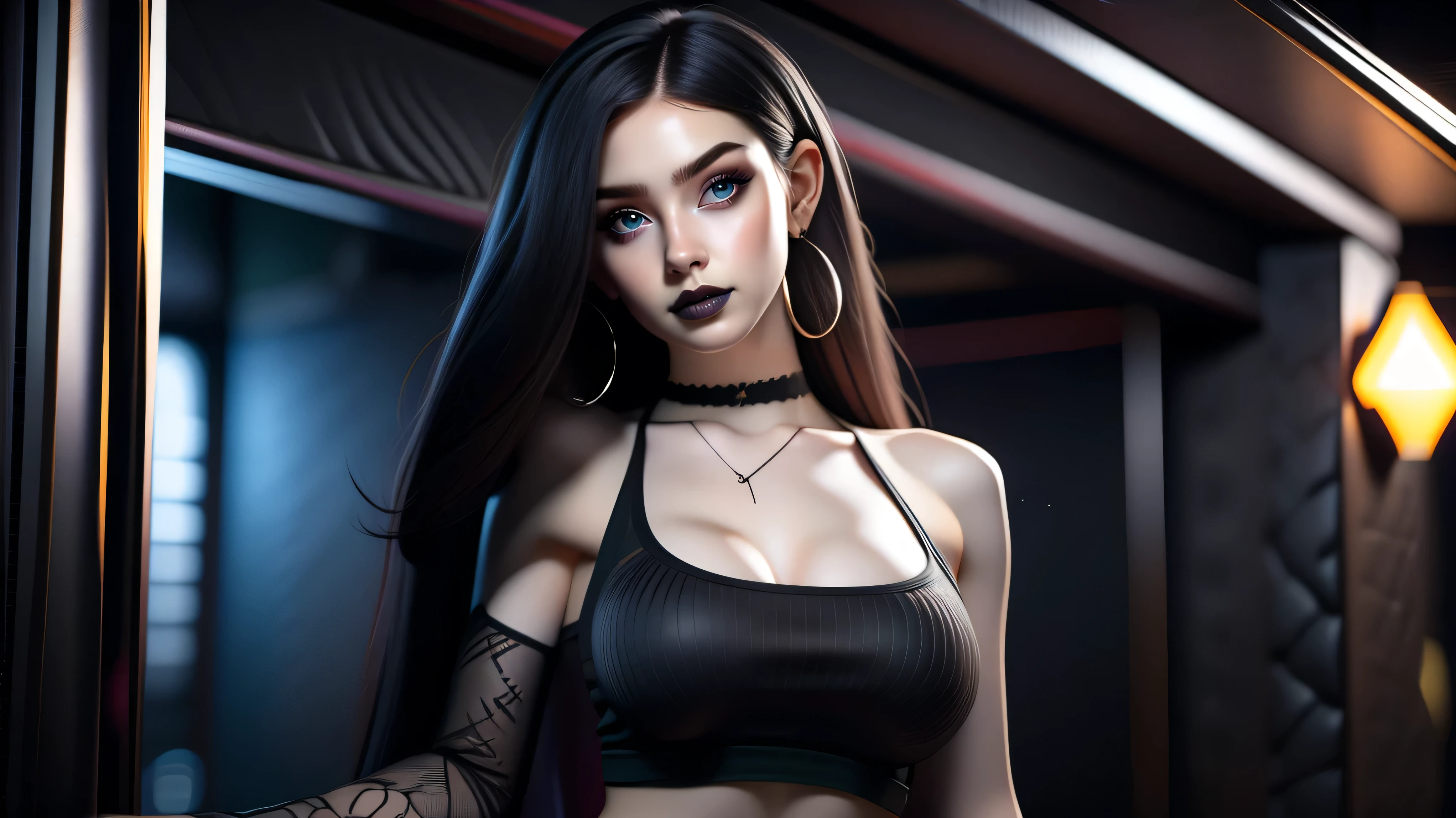 Best quality, 3d rendering work, 3DMM style, Close-up, Portrait,3D, 1girll, only, Black hair, earrings, looking at the camera, Realistic, Thin hips, Full body, thigh to head shot, ((sexy)), ((goth)), (panties), standing in front of a nightclub, city street, bangs, looks away, Long straight black hair, full lips, choker necklace, Makeup, (Green eyes), Tifa Lockhart, (round breasts, full breasts), (Medium breasts: 1.1)