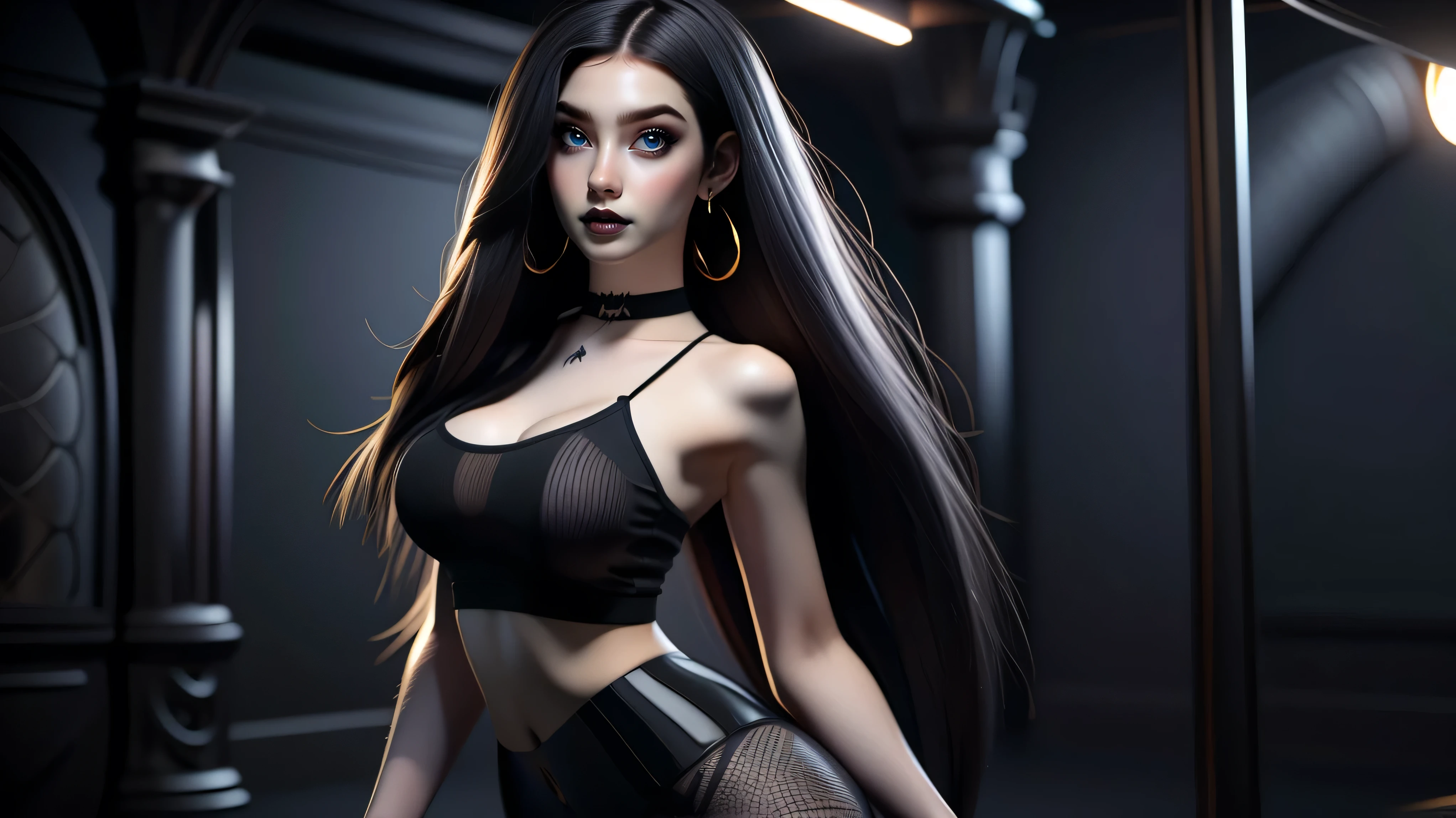 Best quality, 3d rendering work, 3DMM style, Close-up, Portrait,3D, 1girll, only, Black hair, earrings, looking at the camera, Realistic, Thin hips, Full body, thigh to head shot, ((sexy)), ((goth)), (panties), standing in front of a nightclub, city street, bangs, looks away, Long straight black hair, full lips, choker necklace, Makeup, (Green eyes), Tifa Lockhart, (round breasts, full breasts), (Medium breasts: 1.1)