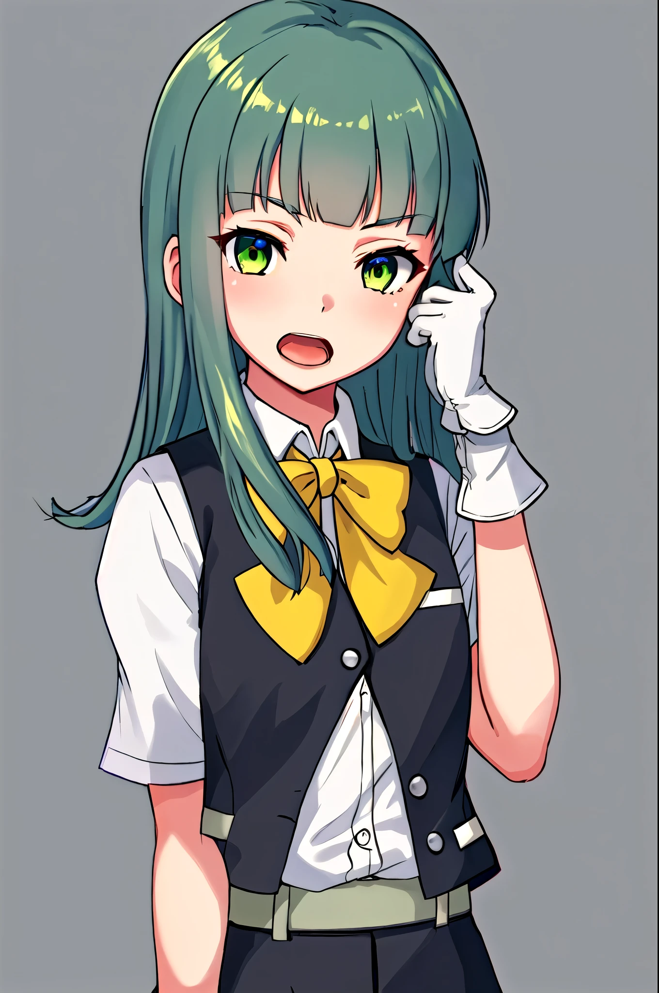  top quality,  Masterpiece  ,  high definition , Alone, {hinsukaze_  fleet collection in h:1.15}, length_hair, green_hair, green_eye, 前hair, dull_前hair, vest, ,  1 girl, black_vest, bow,  gloves,  watching _in_ viewer,  shirt, short_sleeve, Simple_background,  upper_body, white_background, white_ gloves, white_ shirt, yellow_bow, yellow_bowtie, bowtie, gray_vest, open_mouth