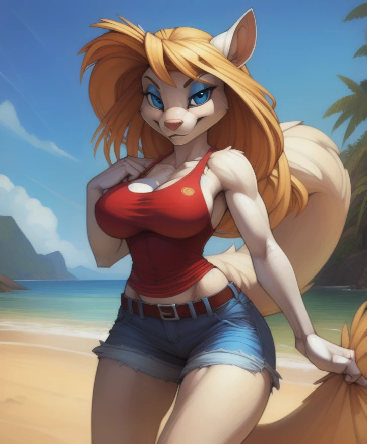 minerva, (ultradetailed), (highest quality), long hair, body, soft fluffy tail, big round breasts, slim waist, round hips, closeup, blue eyes, blue eyeshadow, masterpiece, (uploaded on e621), (((by wolfy-nail, by pixelsketcher, by smiju))), detailed fur, red tank top, jean shorts, at the beach, Looking at viewer,