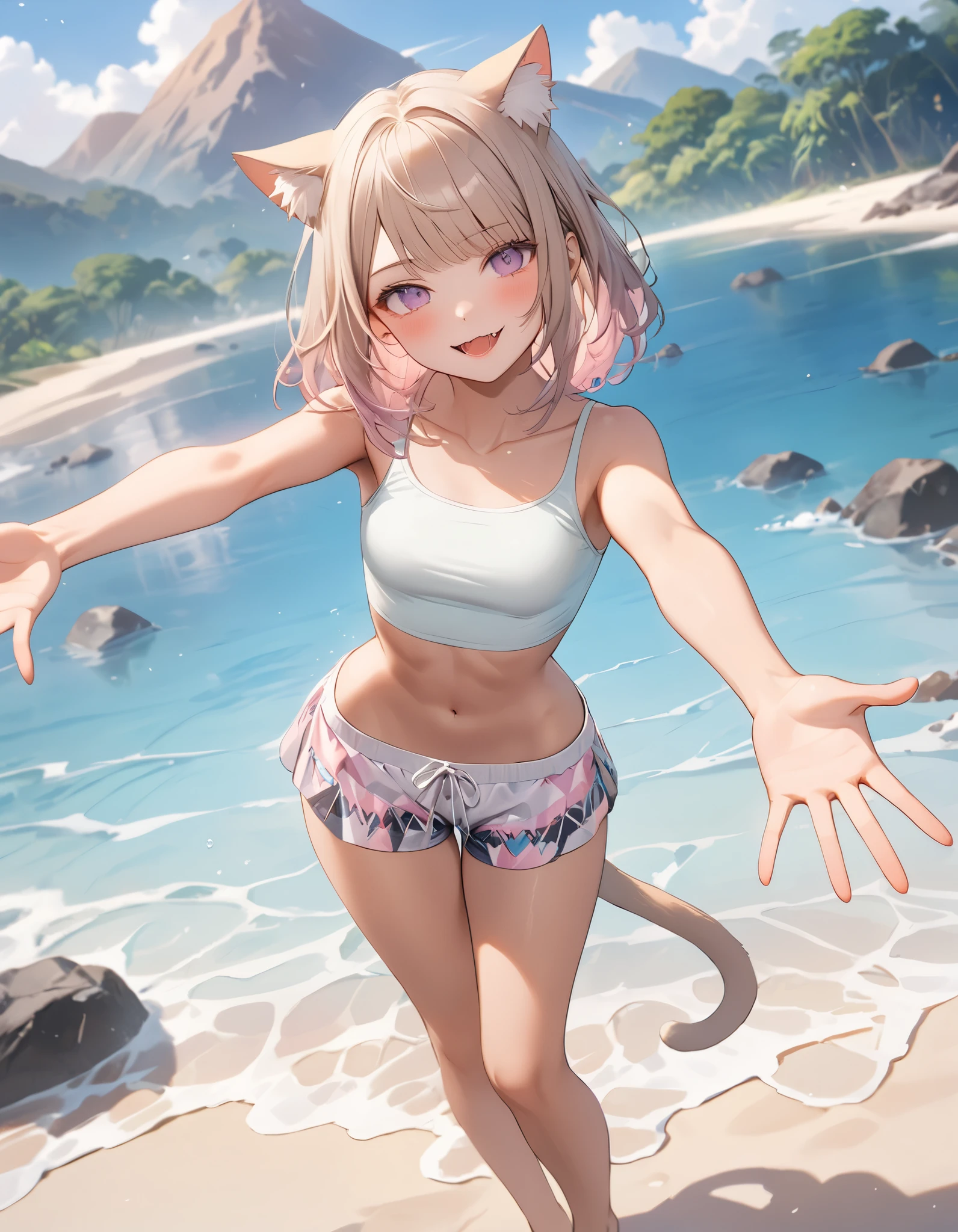 ((Masterpiece)), ((best quality)), (Anime:1.3), (super detail:1.2),(High Definition:1.3), (Professional Photography:1.2), (wide shot), cinematic lighting, (sharp focus), (perfect light), from below, ((1girl)), ((12 years old)), (full body), looking up, messy medium hair, Beautiful collarbone, ((Embroidered Tribal black tubutop)), strapless, (bare arms), cute navel, (Tribal boxer shorts), (Healthy slim body), (loose blunt bangs), Slender body, glossy skin, (naughty smile), open mouth, ((Beautiful purple eyes)), Textured skin, (Cat ears), (Pale brown hair), Cute Beautiful Girl, (slightly exposed medium breast), BREAK, ((best quality)), (full body), ((1girl)), ((loose arm up)), (loose sitting on the shoreline at dawn), (sharp focus), (perfect light),