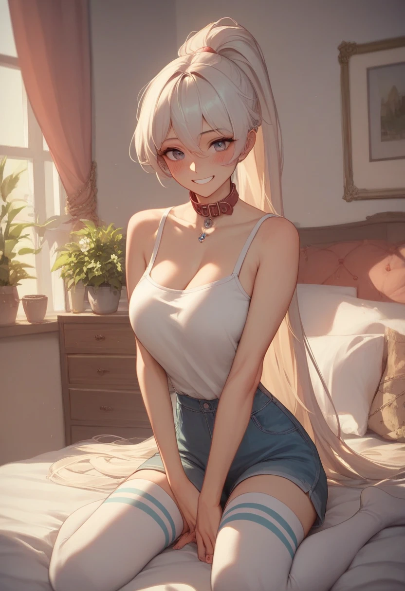 1menina, arms under breasts, chifres pretos, buds, , demon girl, chifres, paleta limitada, sorriso, pintura \(medium\), dentes afiados, cabelo curto, sorriso, dentes, Traditional media, aquarela \(medium\), fundo branco, cabelo branco