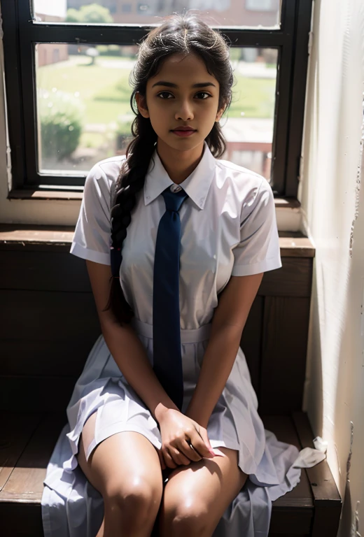 Raw photo , 1 girl  ,Wearing white frock and color tie, white shoes ,sri lanka teen school girl, with plait, big breasts, sitting on the ground and spreading legs  , professional photographer, (hdr:1.4), masterpiece, ultra-realistic 8k, perfect artwork, intrincate details, cute face, award winning photograph, (Best quality, 8k, 32k, Masterpiece, UHD:1.3) ,