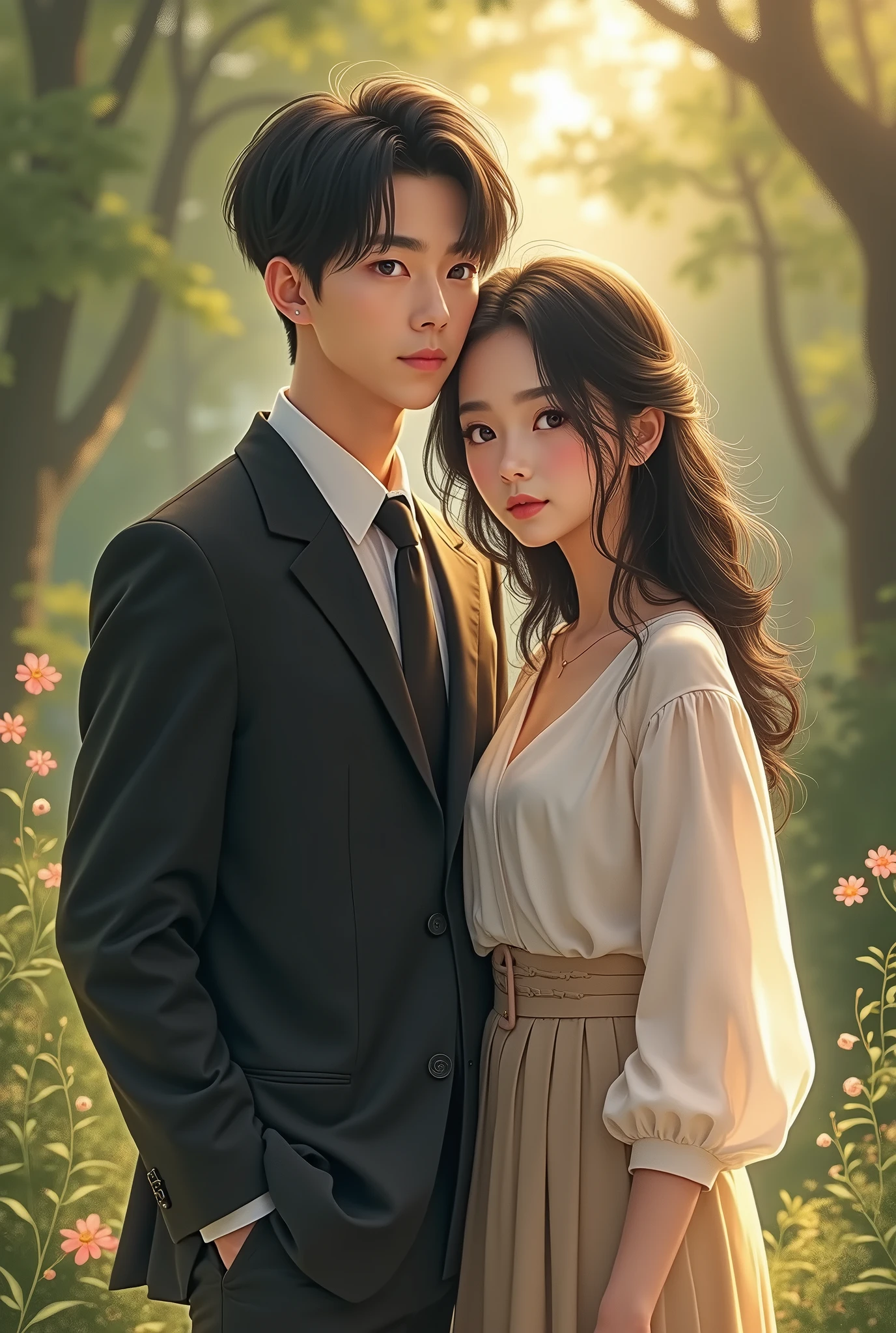 There are two people standing in a field of flowers - SeaArt AI