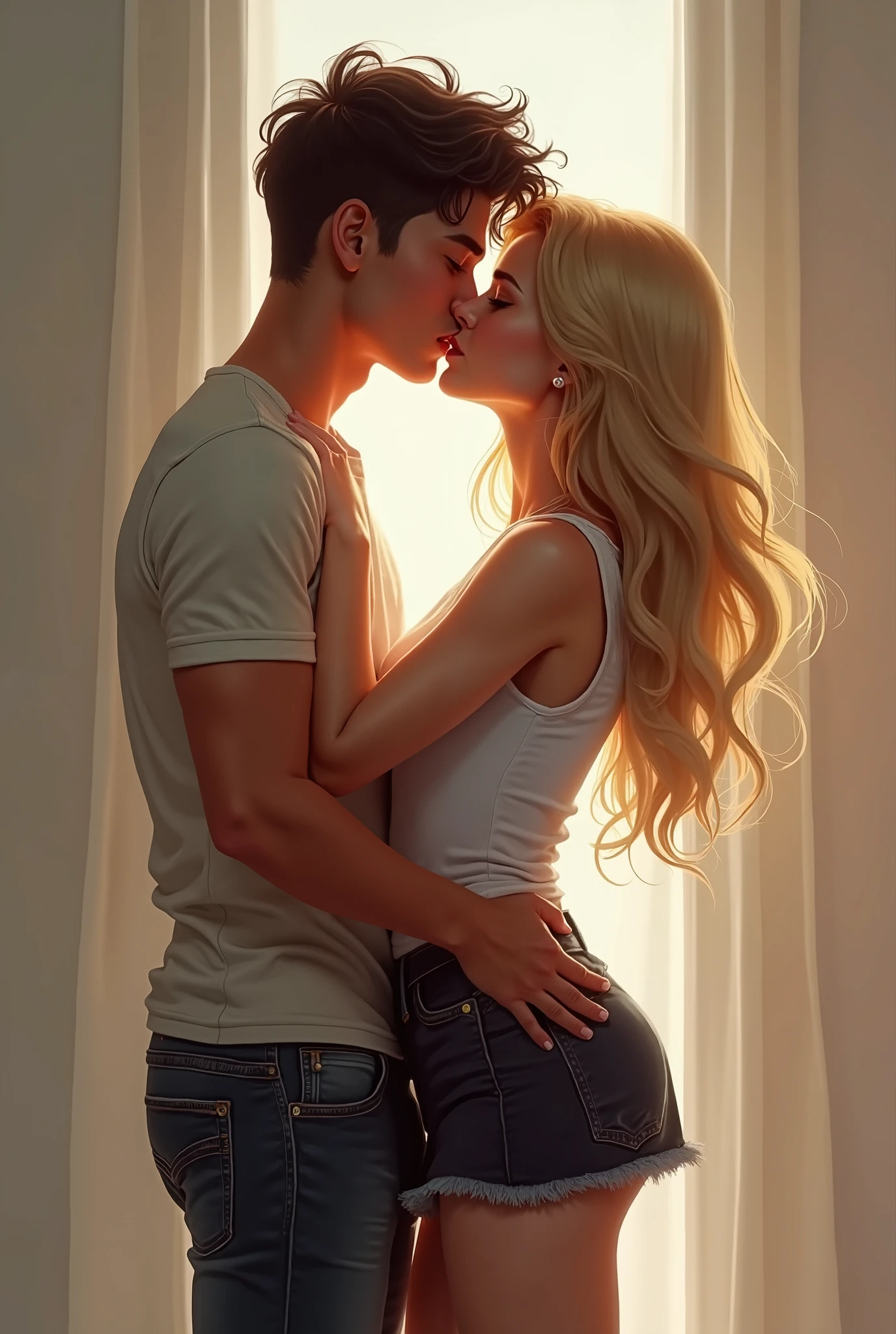 Blonde teenage woman bending over down on her bed, wearing tight leggings and tight t-shirt, getting by a boy her age