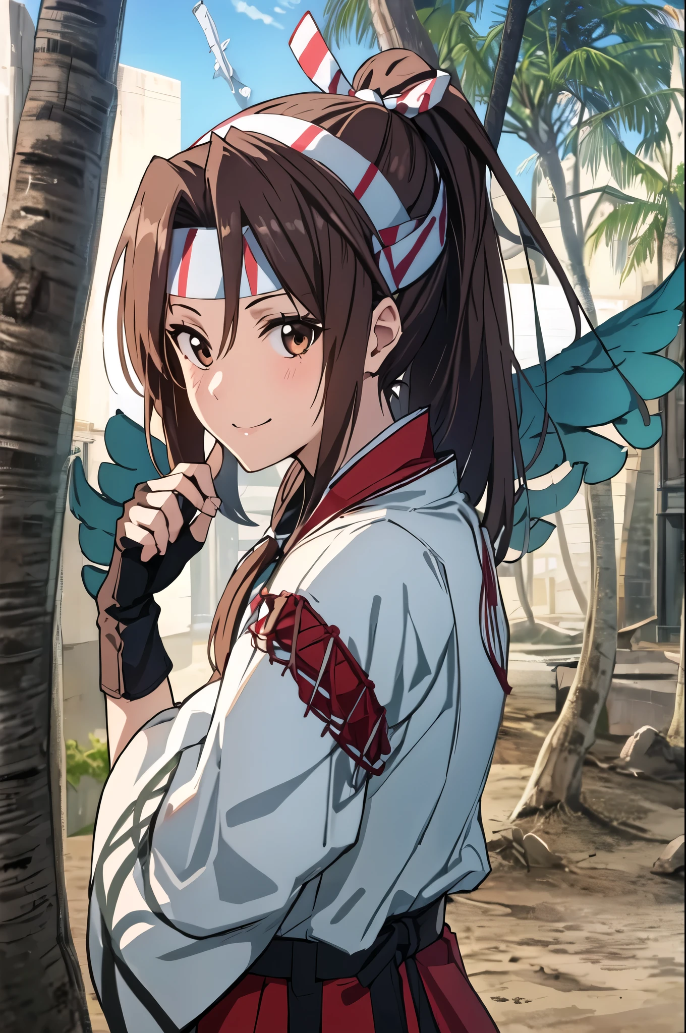  top quality,  Masterpiece  , expensiveres, Alone, {Ruifeng_  fleet collection in h:1.15}, length_hair, brown_eye,  ponytail, brown_hair,  headband behind a tree, headband, expensive_ ponytail, smile, ,  1 girl, bow_\(arms\),  gloves, hair_ribbon,  Japanese _clothes,  watching _in_ viewer, muneine, Partial_Fingerless_ gloves, ribbon, yugake, aircraft, plane, arms, white_background