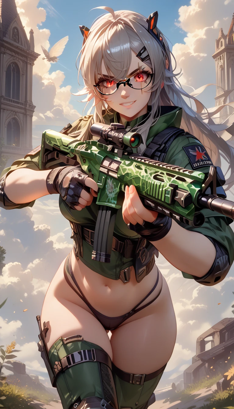 ultra-detailed, 1girl, solo, Saruei, (masterpiece)), (best quality), (highres), 16K, grey hair, glasses, scar across eye, long hair, wearing tactical gear, tactical belt, black panties, knee pads, thighhighs, busty body, large breasts and a beautiful ass, showcasing cleavage, legs, hips, (holding assault rifle), looking at viewer, detailed face, smile, detailed hair, detailed whole body, war background