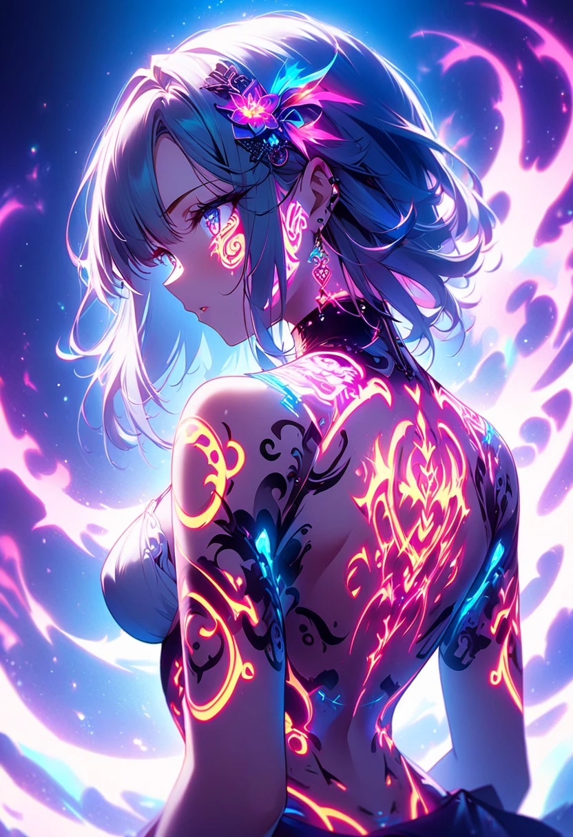 Cyberpunk、Artistic anime illustration of a girl adorned with thick, glowing neon dragon tattoos on her body and face。The tattoo on his back 、Neon glow、The scene has a dreamy, soft-focus effect that accentuates the brilliance of the tattoo.