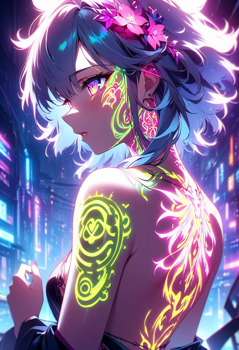 Cyberpunk、Artistic anime illustration of a girl adorned with thick, glowing neon dragon tattoos on her body and face。The tattoo on his back 、Neon glow、The scene has a dreamy, soft-focus effect that accentuates the brilliance of the tattoo.