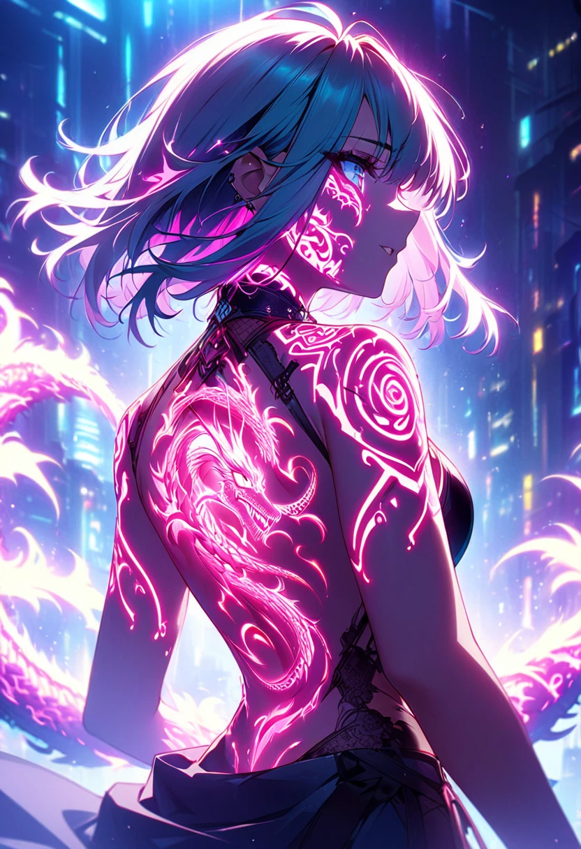 Cyberpunk、Artistic anime illustration of a girl adorned with thick, glowing neon dragon tattoos on her body and face。The tattoo on his back 、Neon glow、The scene has a dreamy, soft-focus effect that accentuates the brilliance of the tattoo.