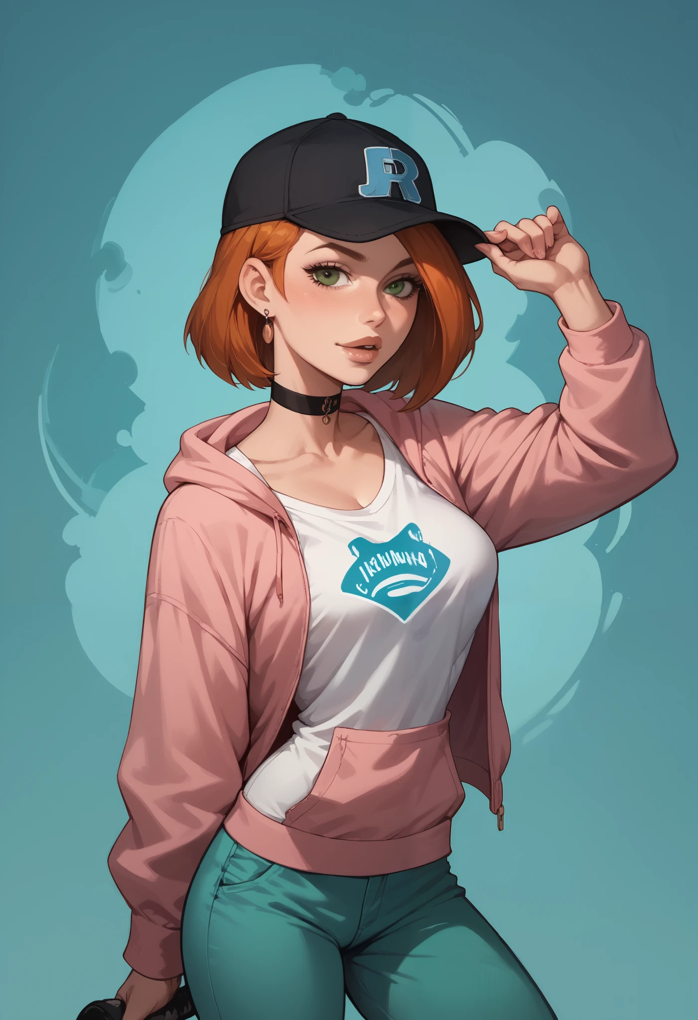 score_9, score_8_up, score_7_up, beautiful Kim Possible (short hair:1.1), baseball hat, sexy pink hoodies, choker,