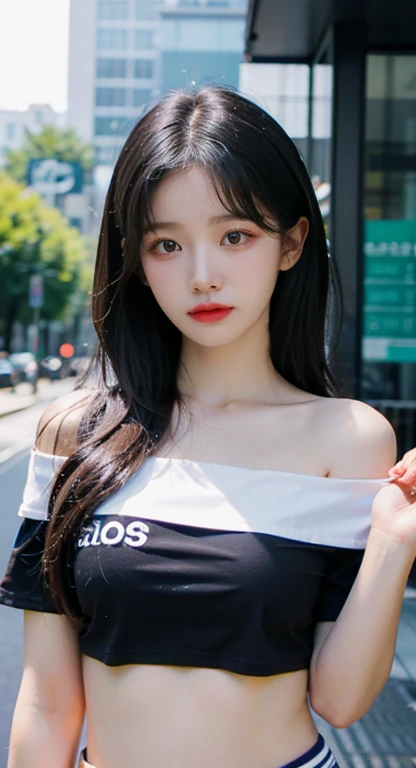  20-year-old Korean female , White jade skin,  natural features,  Korean idol, Upper body angle , Outdoor,  long hairstyle ,  off-shoulder cropped tee , Beautiful belly button,  super high resolution with two hands, 초고해상도, 초고화질, 뒷짐 진 손