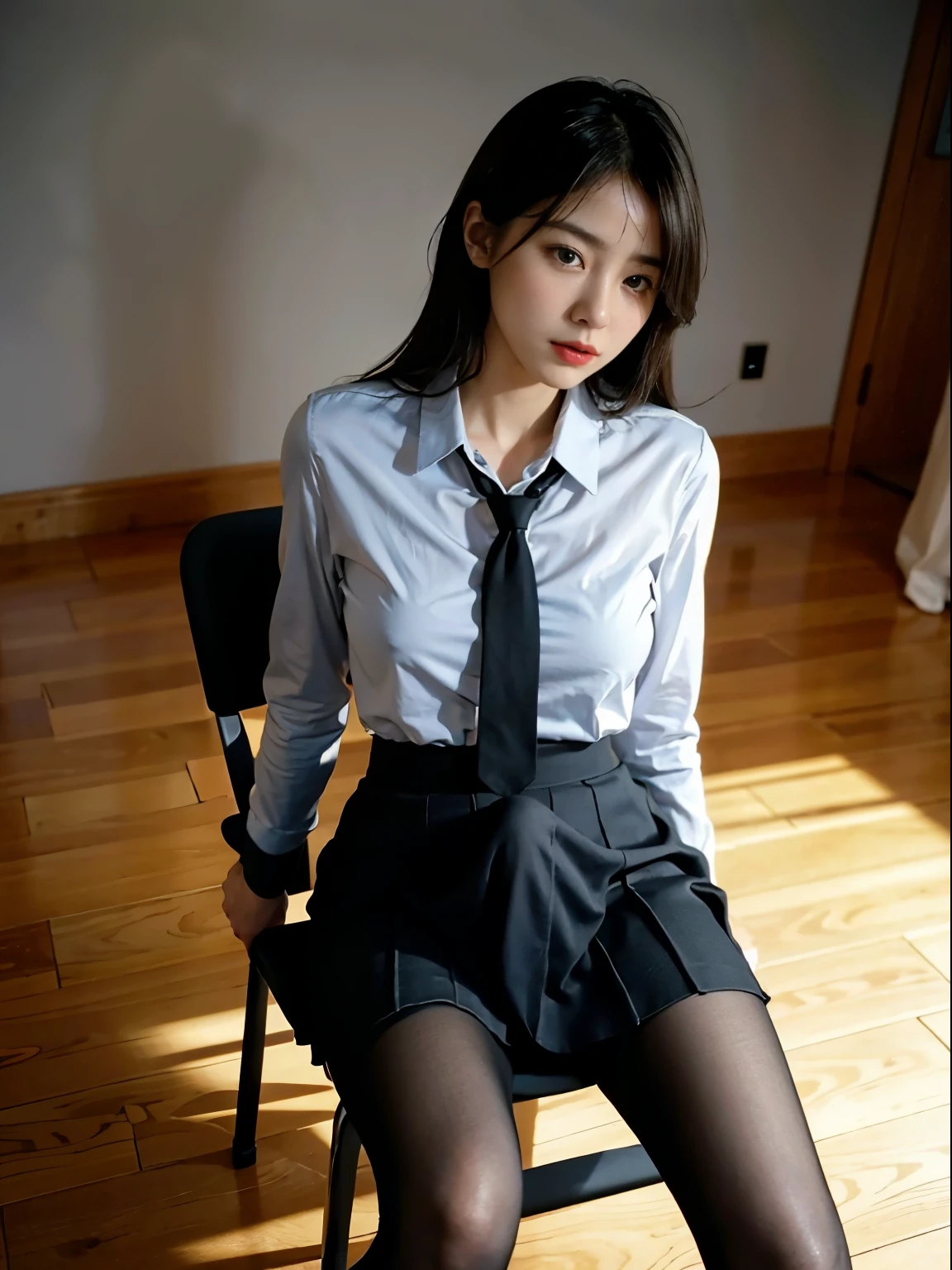  1 girl, young girl, shiny skin, medium chest ,nice leg line :1.3,  Thin Waist, school uniform,  knee-high, ties,(( Grey pencil skirt)), watch viewers, from below,(  pantyhose:1.3),(Golden ratio numbers),( office,  sit on a chair:1.3),short distance
masterpiece ,  top quality,  The best vantage point ,  Ultra Detailed and intricate,  very delicate and beautiful ,  top quality light, ( ray tracing:1.1),  anti-aliasing ,
 realistic ,photo realistic ,Award-winning illustration ,( intricate details:1.2),( delicate details without lighting) ( intricate details),(Cinematic Light, top quality Backlights),Clear lines, sharp concentration, official art, unity 8k , absurd,incredibly  absurd,huge filesize, Ultra Detailed, high definition ,extremely detailed  very delicate and beautiful , RAW photos ,   Professional lighting  ,Dynamic Lighting, Eyes , depth of field, Solo Focus ,Erection under clothes