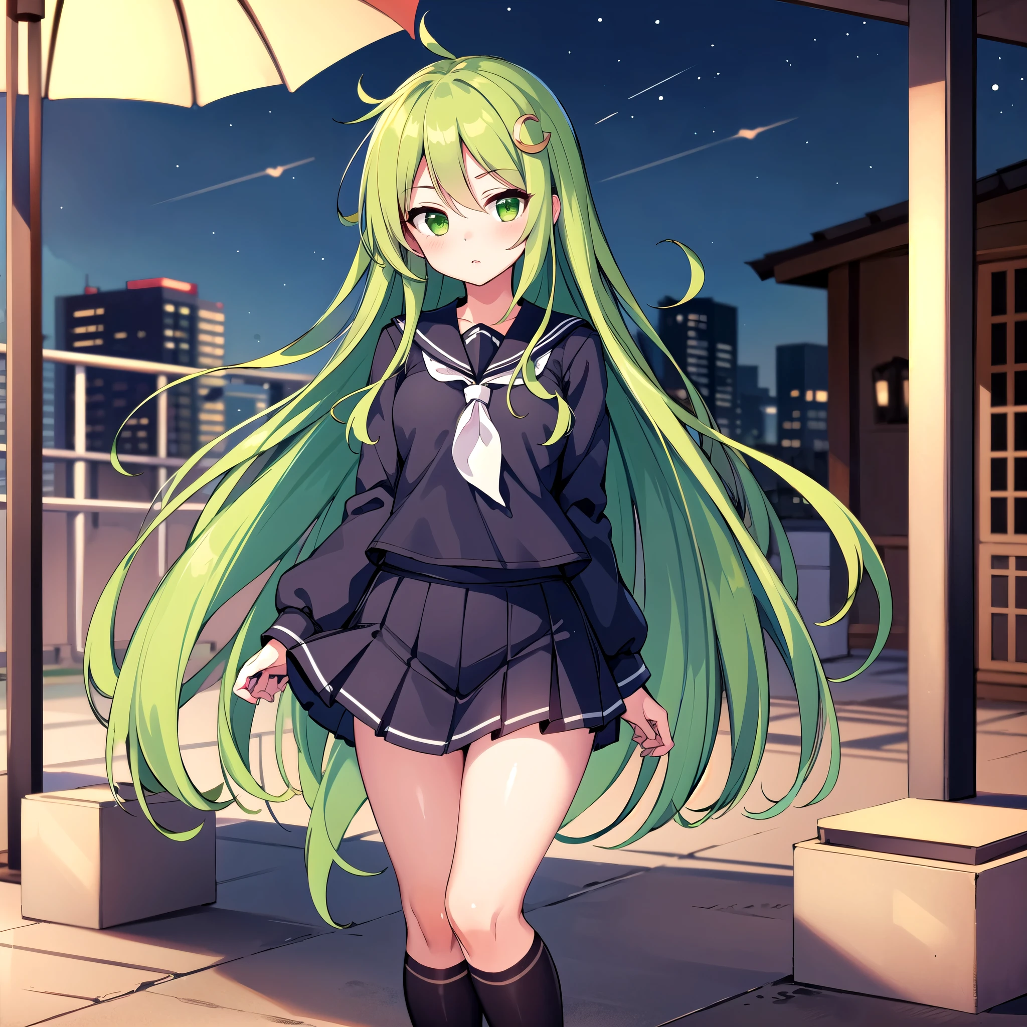  Masterpiece  ,  top quality, Beautiful background,Outdoor,  1 girl, Alone,  green hair,  green eyes,  sailor suit ,   miniskirt 