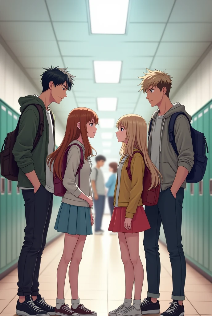 A girl and two boys with their backs to each other in the hallway of a school