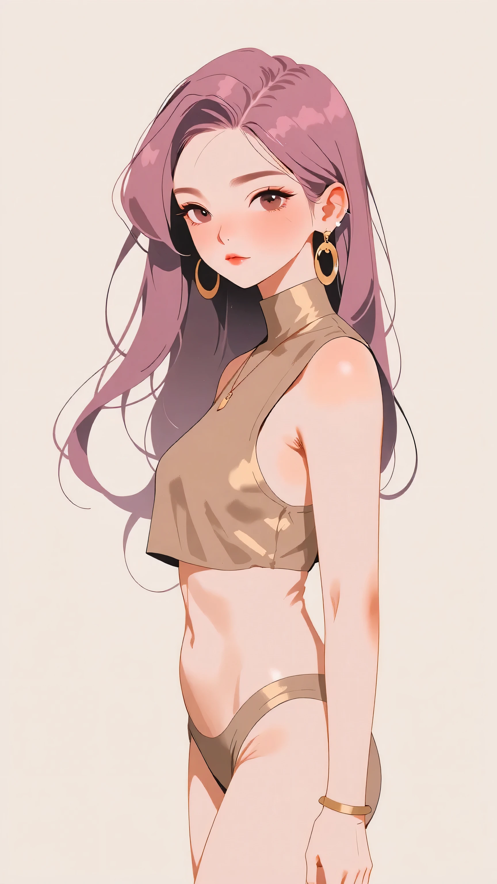 young asian girl, ite, slender, flat chest, femboy, pink hair, gold metallic micro bikini, gold eyes, gold jewelry,