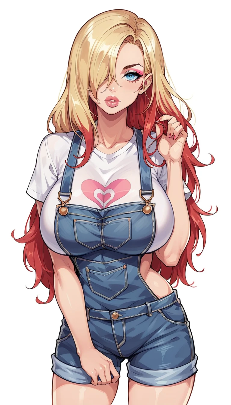 woman, solo, big eyes, blue eyes, long eyelashes, eyeshadow, full lips, lip gloss, multi-colored hair, blonde hair, red hair, middle hair, straight hair, hair over one eye, huge breasts, t-shirt, overalls, anatomically correct, textured skin, UHD