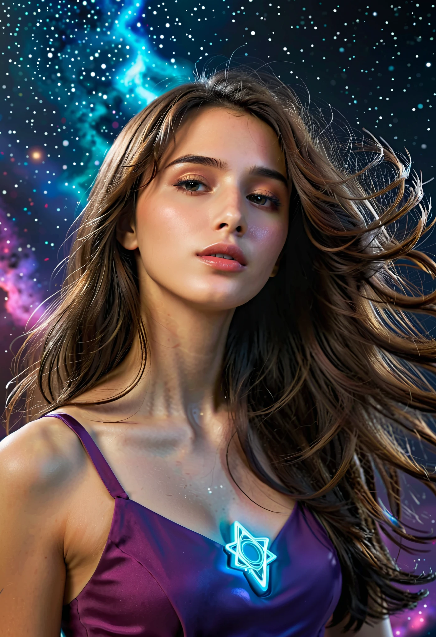 score_9, score_8_up, score_7_up, score_6_up, score_5_up, score_4_up, (best quality,4K,8k,highres,masterpiece:1.2), (super realistic photo:1.6),a beautiful girl in a cosmic space scene, mesmerizing star mage, ethereal and magical comet, dramatic lighting, vibrant colors, highly detailed, digital art, cinematic composition, masterpiece, 8k, photorealistic, chiaroscuro, dynamic pose, intense gaze, flowing hair, cosmic energy, glowing runes, otherworldly atmosphere, neon colored,