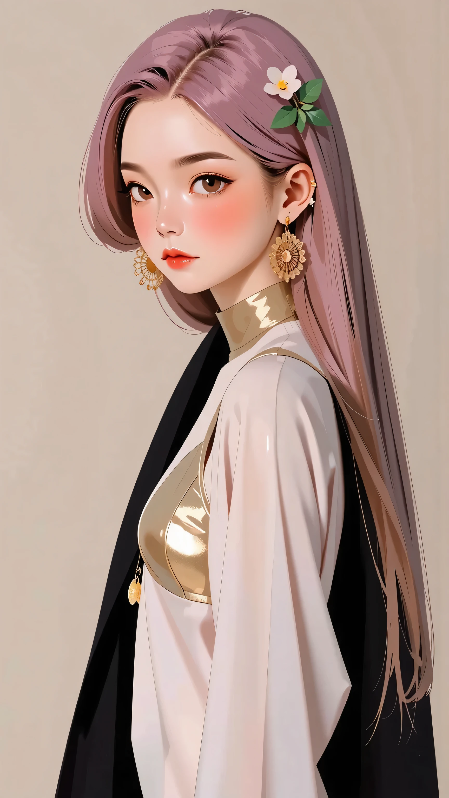 young asian girl, ite, slender, flat chest, femboy, pink hair, gold metallic micro bikini, gold eyes, gold jewelry,