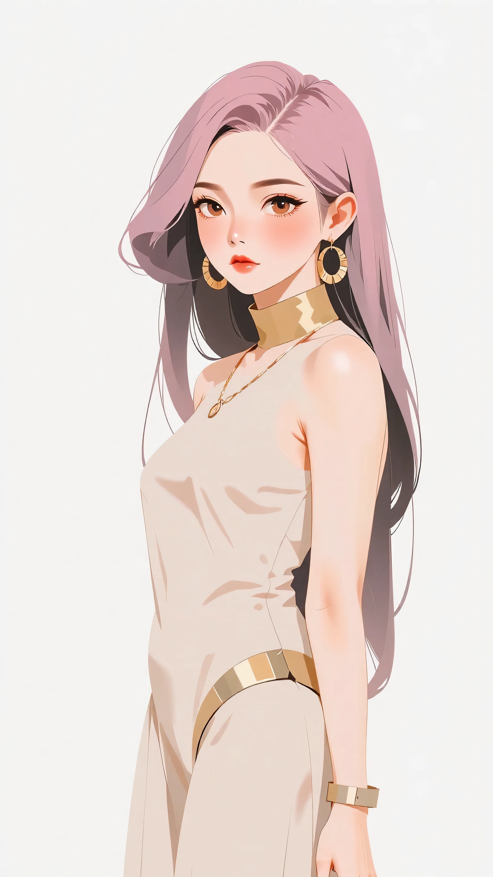 young asian girl, ite, slender, flat chest, femboy, pink hair, gold metallic micro bikini, gold eyes, gold jewelry,