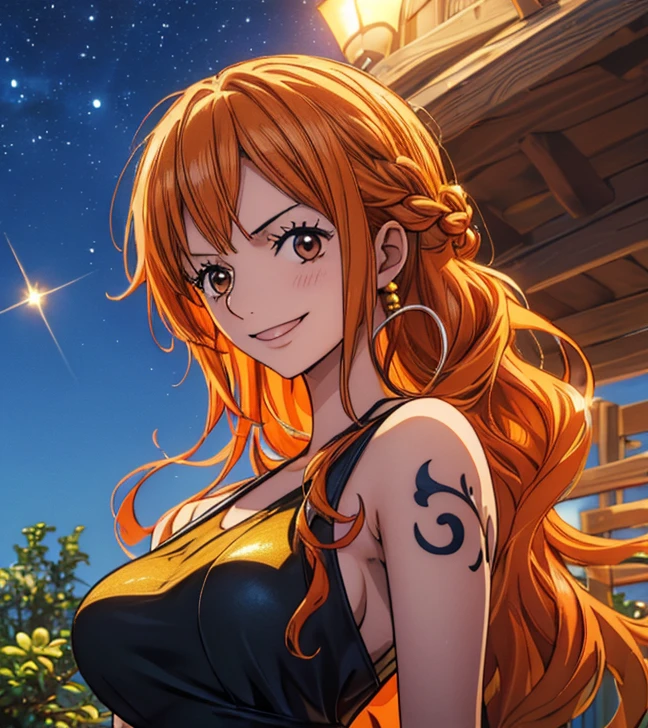 (masterpiece, top quality, 4K, 8k,   high definition  , 最高masterpiece:1.2),  super detailed, ( realistic , photo realistic , photo- realistic :1.37),   Maintaining Anime Style  ,  Nami in One Piece,(( 1 girl)), pale orange hair hidden in thick grass ,Beautiful hairstyle, side tail:1.4,Braiding:1.3,((Left shoulder tattoo)), beautiful brown eyes, looking at camera, cute smile, Big Breasts ,Black dress with exposed chest,(whole body),Beautiful appearance,night,Beautiful meteor , cinematic lighting:1.7, Sunshine Spots :1.3,Beautiful sparkling starry sky , Hallstatt,Perfect Arms, perfect finger