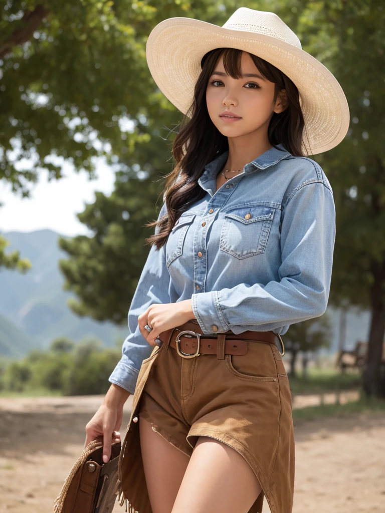 Landscape of the Wild West,The setting sun.desert,Gunslinger Costume,Short leather jacket with open front,Torn and tattered white shirt,Ripped, tattered, damaged jeans,(Wrap the gun belt around your waist:1.3),(Holster:1.3),Mounted a Winchester M73 rifle on the chest,There are cowboys,(Generate beautiful images of women all over the world,Especially while reflecting elements of Western beauty,Woman with natural smile and charming expression,Transparent skin,sparkles in eyes,It expresses an elegant atmosphere,(in 8K, Raw foto, Best Quality, masutepiece),sunlights ,Cinematic lighting,(realisitic, Photorealcitic),