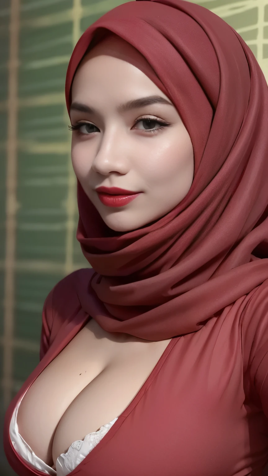 a portrait of a blonde girl with red hijab and red shirt, cleavage , sfw