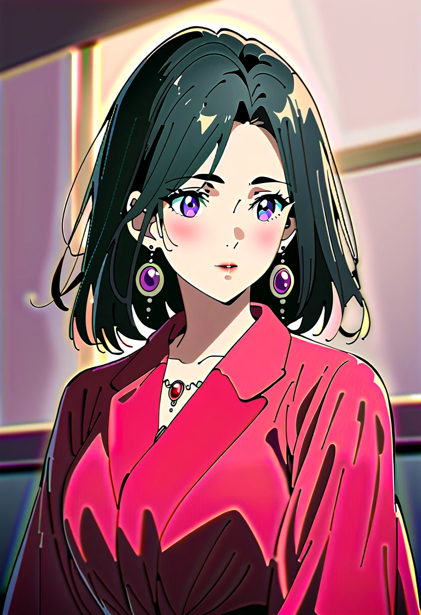 ( top quality, super clear， depth of field,  high definition ：1.3）， AND18, female 1 person, individual,  black hair,  purple eyes,  earrings for a woman alone, gem,  big anime style ， full body shot，36 year old mature beauty ，Charming， perfect body， Red Dress , her face is as beautiful as a blooming flower，Shiny black hair