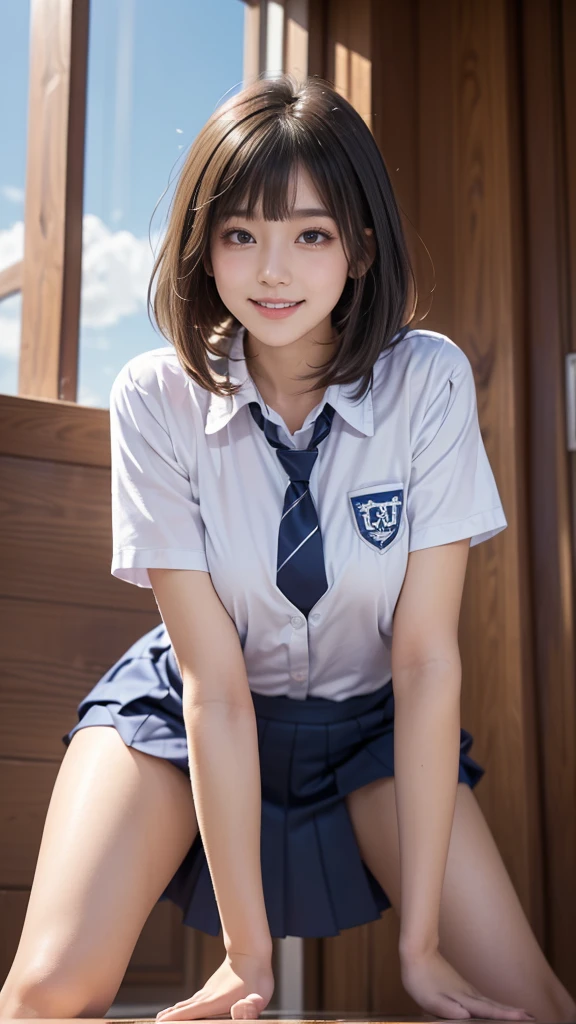 ((( top quality))), ((masterpiece)), ( Details), ((solo)), (((((18-year-old high school girl wearing large-sized school uniform))))), ((Slender body)), (((Legs visible through skirt))), (( white skin)), Mysterious Light, ((((Angle of view that includes face and whole body)))), ((( well-prepared face))), (( big eyes)), (((((Droopy eyes))))), ((((Closer Eyes)))), Slim beautiful buttocks, (Glowing skin), (( angle from below looking at the sky)), (((((Straddle position))))), (((( correct anatomy)))), Open your legs a little,(((Stylish bangs))), smile, 