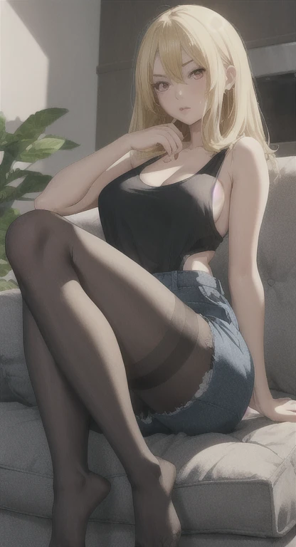 Small breasts, Busty girl, Cynthia, looking at viewer, tank top, shorts, pantyhose, Half blonde, red eyes, living room, sitting, legs crossed pose,