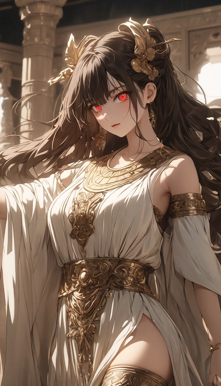 a woman in an ancient greek tunic with sandals, detailed face and eyes, long hair, elegant pose, natural lighting, classical sculpture, cinematic, 8k, hyper detailed, intricate folds in fabric, ornate sandals, detailed skin textures, warm color tones, dramatic lighting, highly detailed, masterpiece ,dynamic pose, big breasts, muted colors, thigh straps, skin pores, score_9, score_8_up, score_7_up, (sfw), (cowboy shot, dutch angle:1.2), 1girl, solo, mature female, thigh strap,hutao, long hair, bangs, brown hair, red eyes, hair between eyes, twintails, sidelocks, symbol-shaped pupils, negative_v2 Color_Balance_Calibration:0.8), unaestheticXL_cbp62 , negativeXL_D, whole body,
