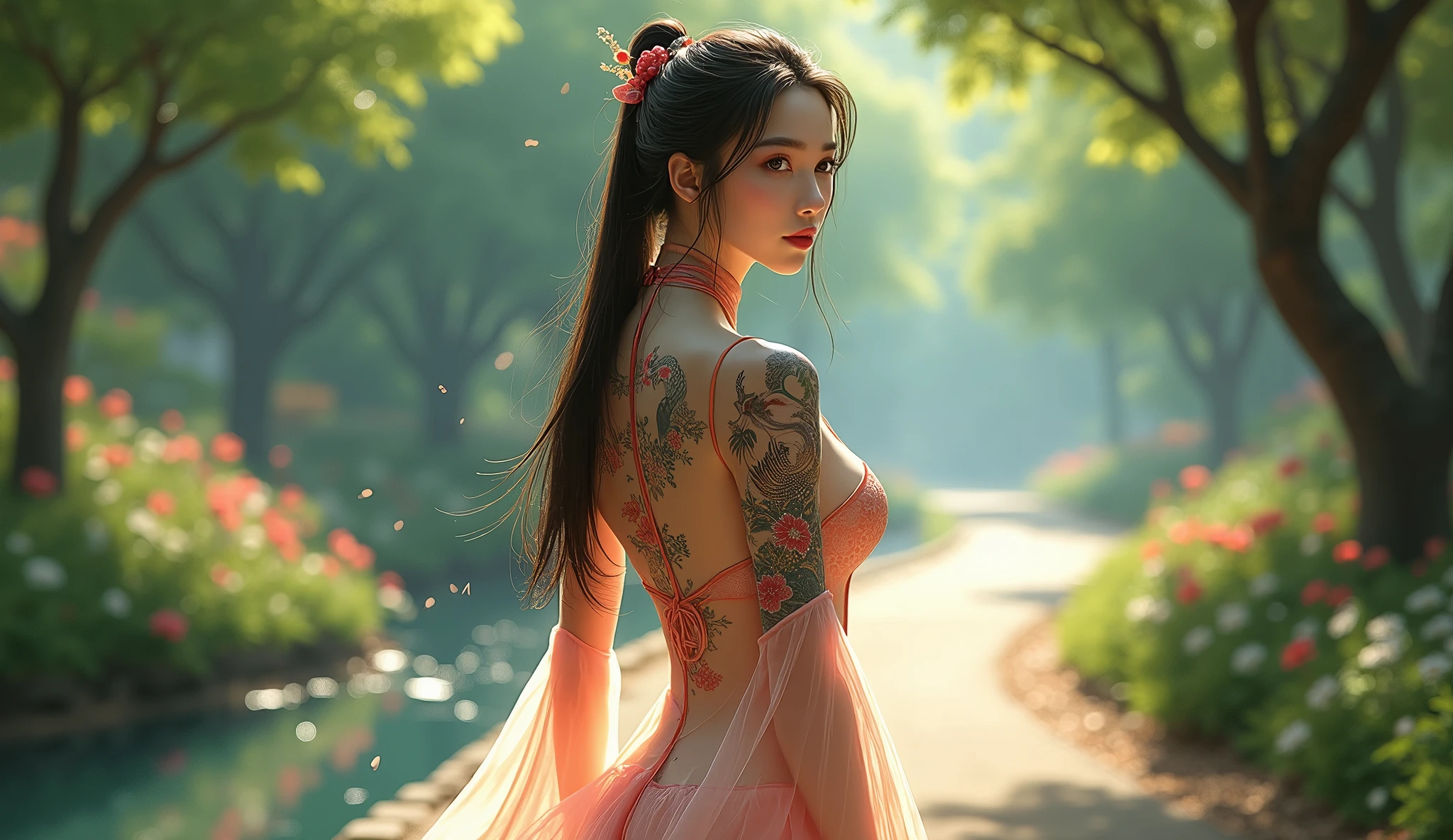 beautiful girl ,Thai women&#39;warrior, walking at thai measure, dynamic poses, Thai Chat Set, Strapless shirt, long hair,black eyes,abdominal muscles, plump body, rounded chest, (big breast:1.3), rift, morning sun, staring at the audience, (sexy poses), ((face details)), Double eyelids, that is finished, realistic, Masterpiece, Highest quality, lens flare, shade, old measure, measure, [[Chromatic aberration]], By Jeremy Lipking, By Antonio J... Manzanedo, digital painting, HDR, high contrast
